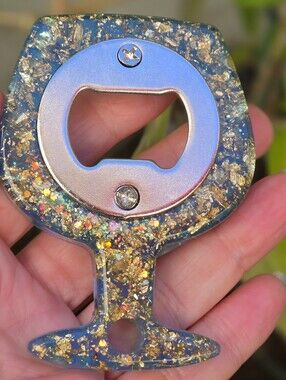 Handmade Resin Bottle Opener – Blue/Gold  Glitter Wine Glass